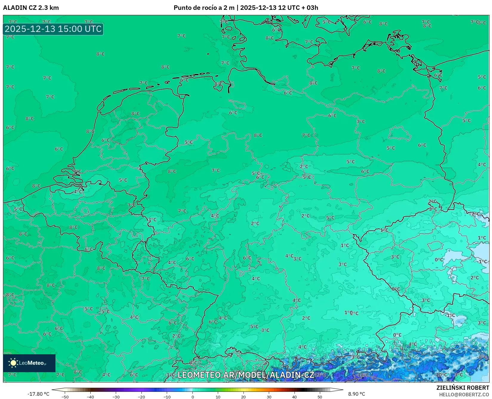 ALADIN CZ 2.3 km model - Alemania, Punto de rocío a 2 m