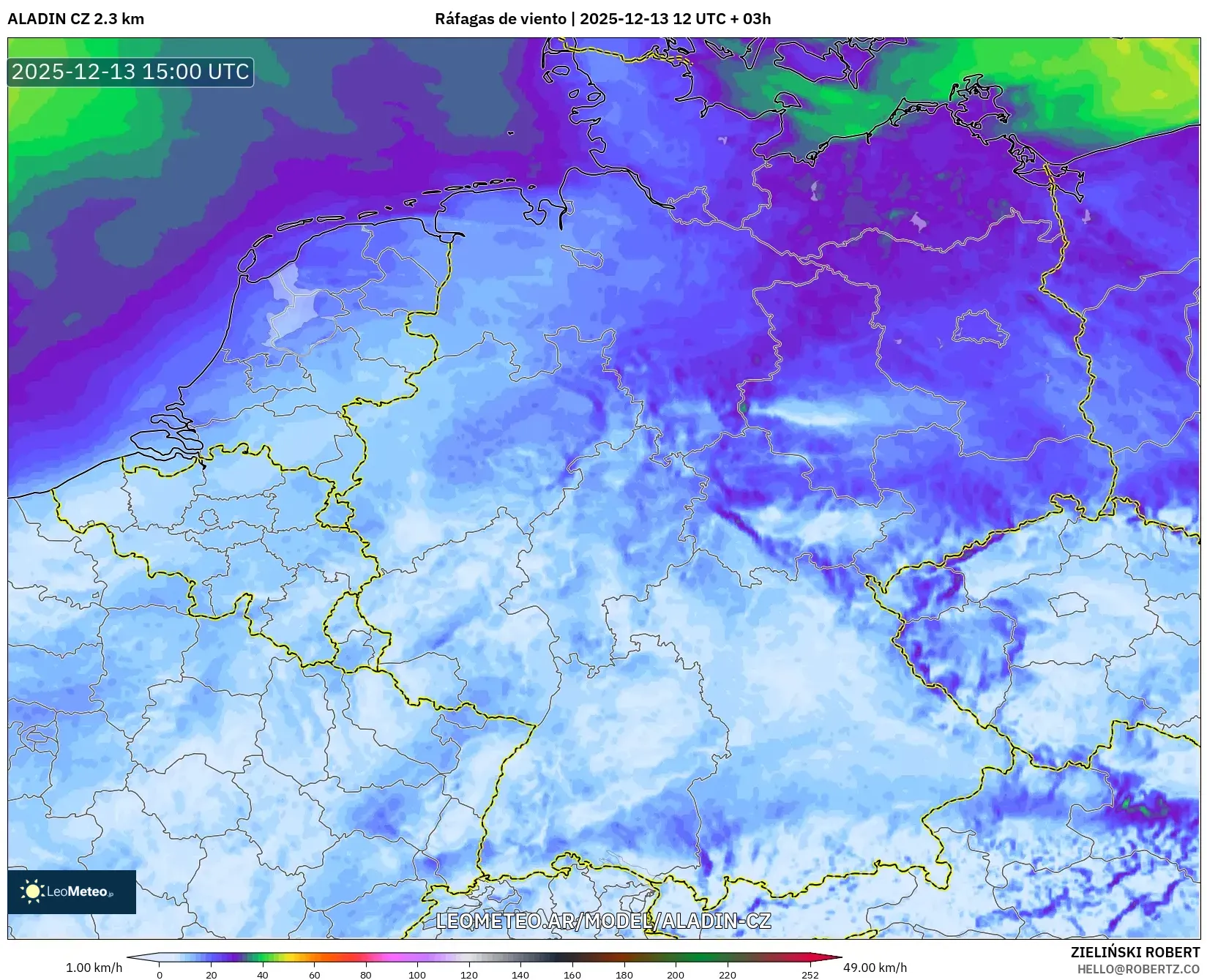 ALADIN CZ 2.3 km model - Alemania, Ráfagas de viento