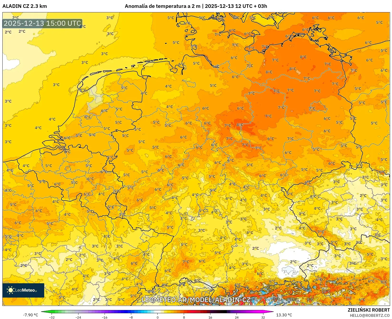 ALADIN CZ 2.3 km model - Alemania, Anomalía de temperatura a 2 m