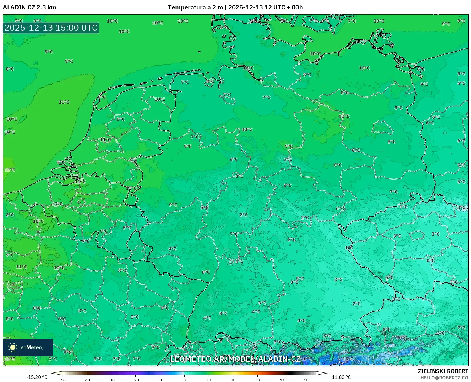 ALADIN CZ 2.3 km model - Alemania, Temperatura a 2 m