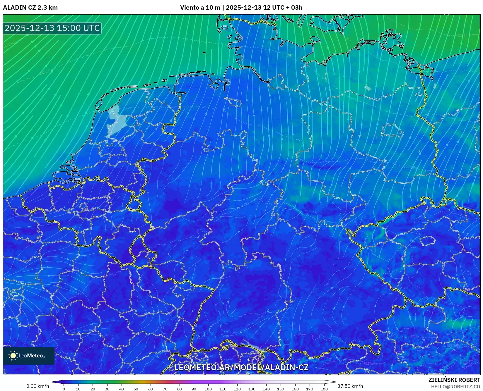 ALADIN CZ 2.3 km model - Alemania, Viento a 10 m