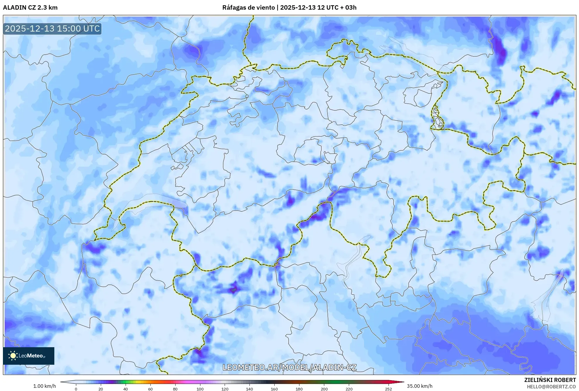 ALADIN CZ 2.3 km model - Suiza, Ráfagas de viento