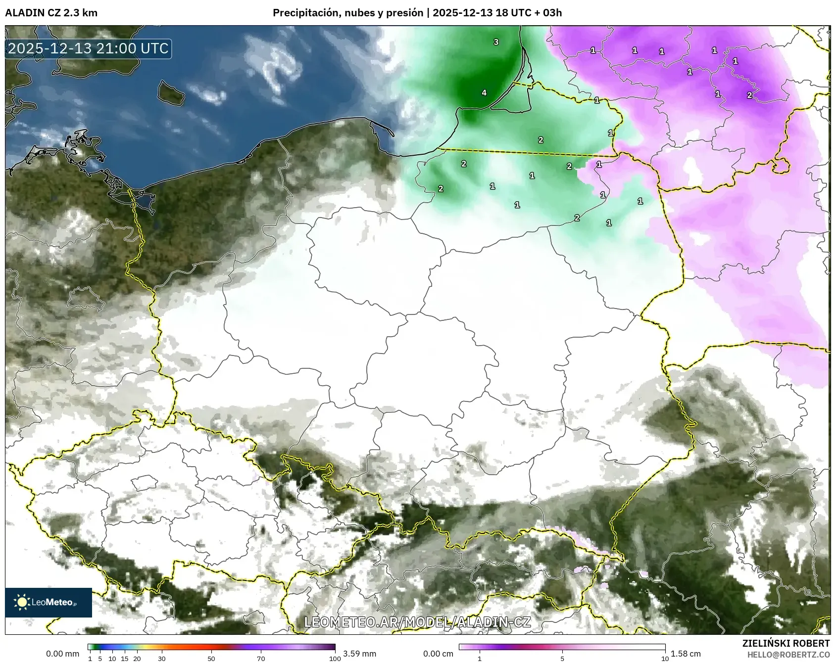 ALADIN CZ 2.3 km model - Polonia, Precipitación, nubes y presión