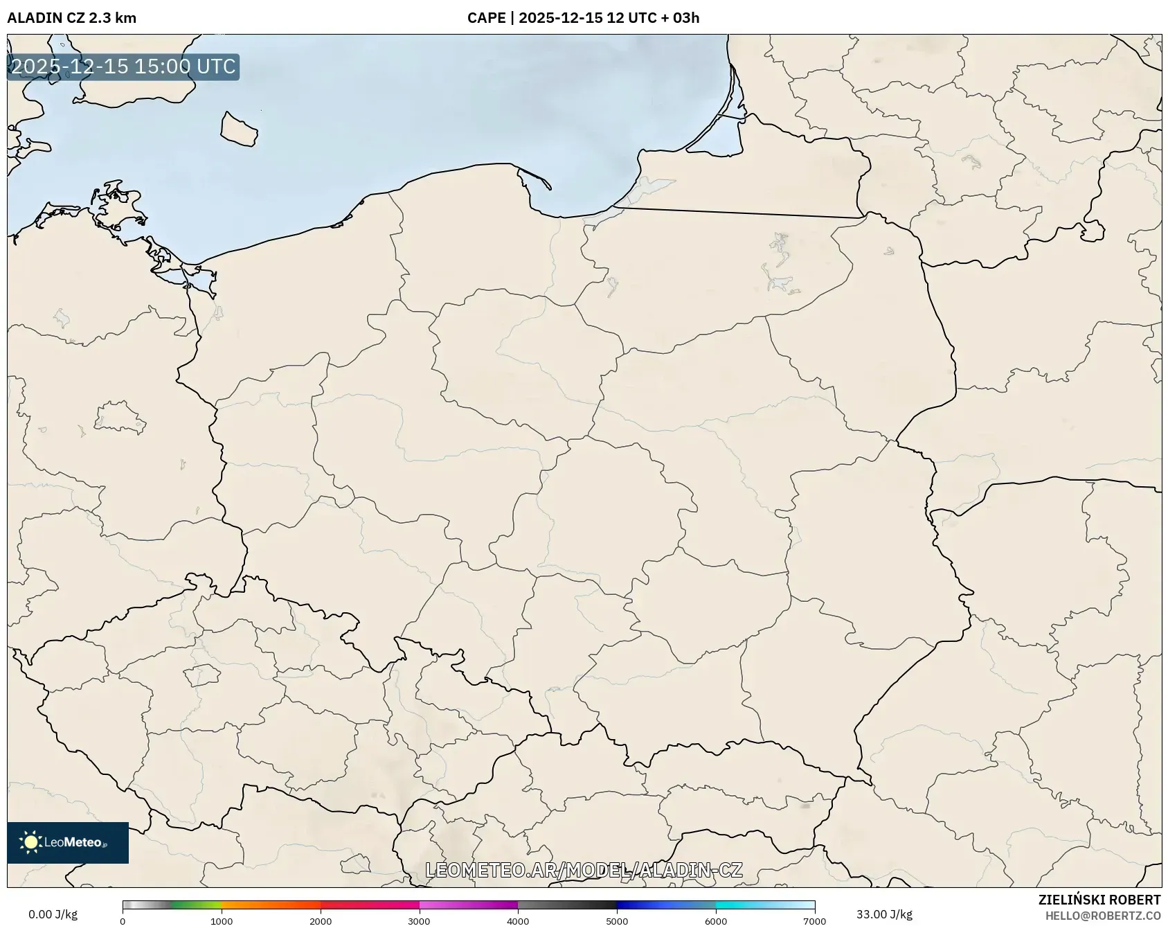 ALADIN CZ 2.3 km model - Polonia, CAPE