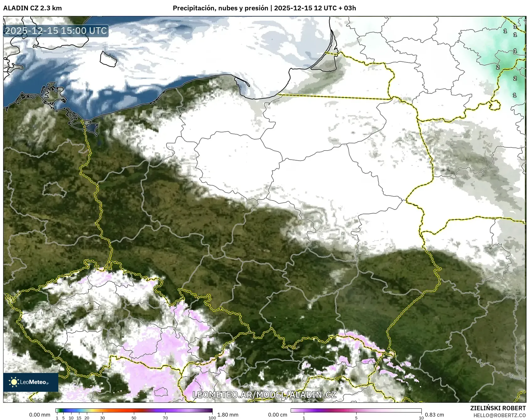 ALADIN CZ 2.3 km model - Polonia, Precipitación, nubes y presión