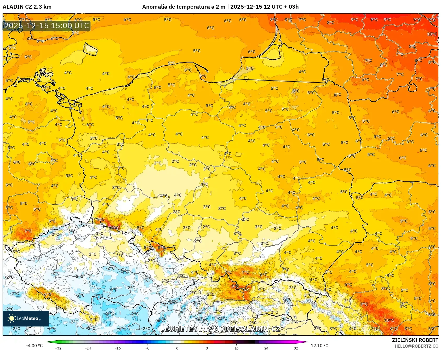 ALADIN CZ 2.3 km model - Polonia, Anomalía de temperatura a 2 m