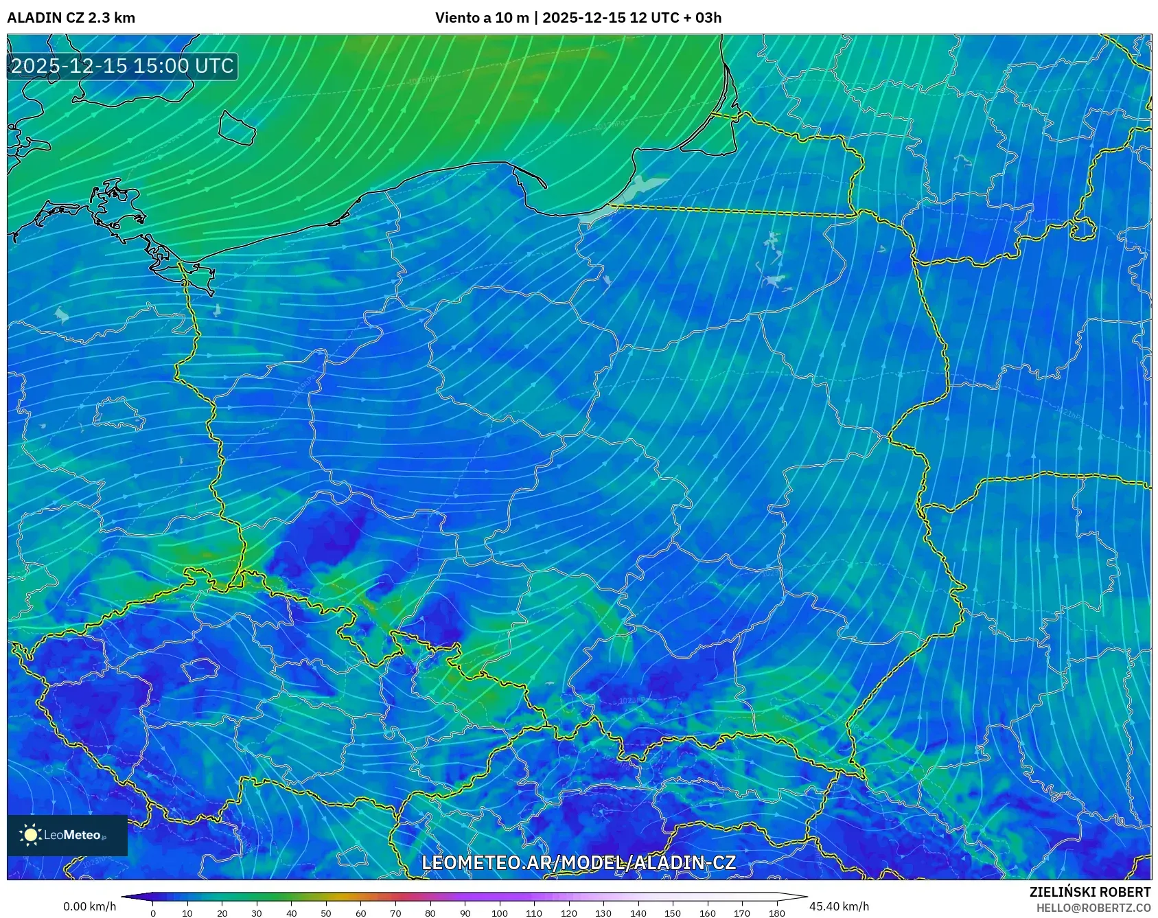 ALADIN CZ 2.3 km model - Polonia, Viento a 10 m