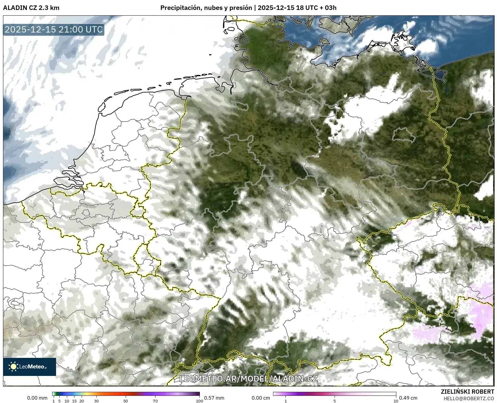 ALADIN CZ 2.3 km model - Alemania, Precipitación, nubes y presión