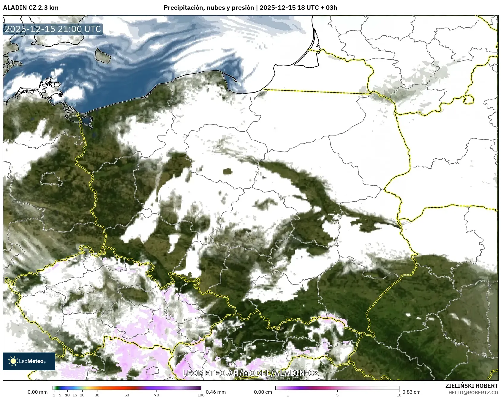 ALADIN CZ 2.3 km model - Polonia, Precipitación, nubes y presión
