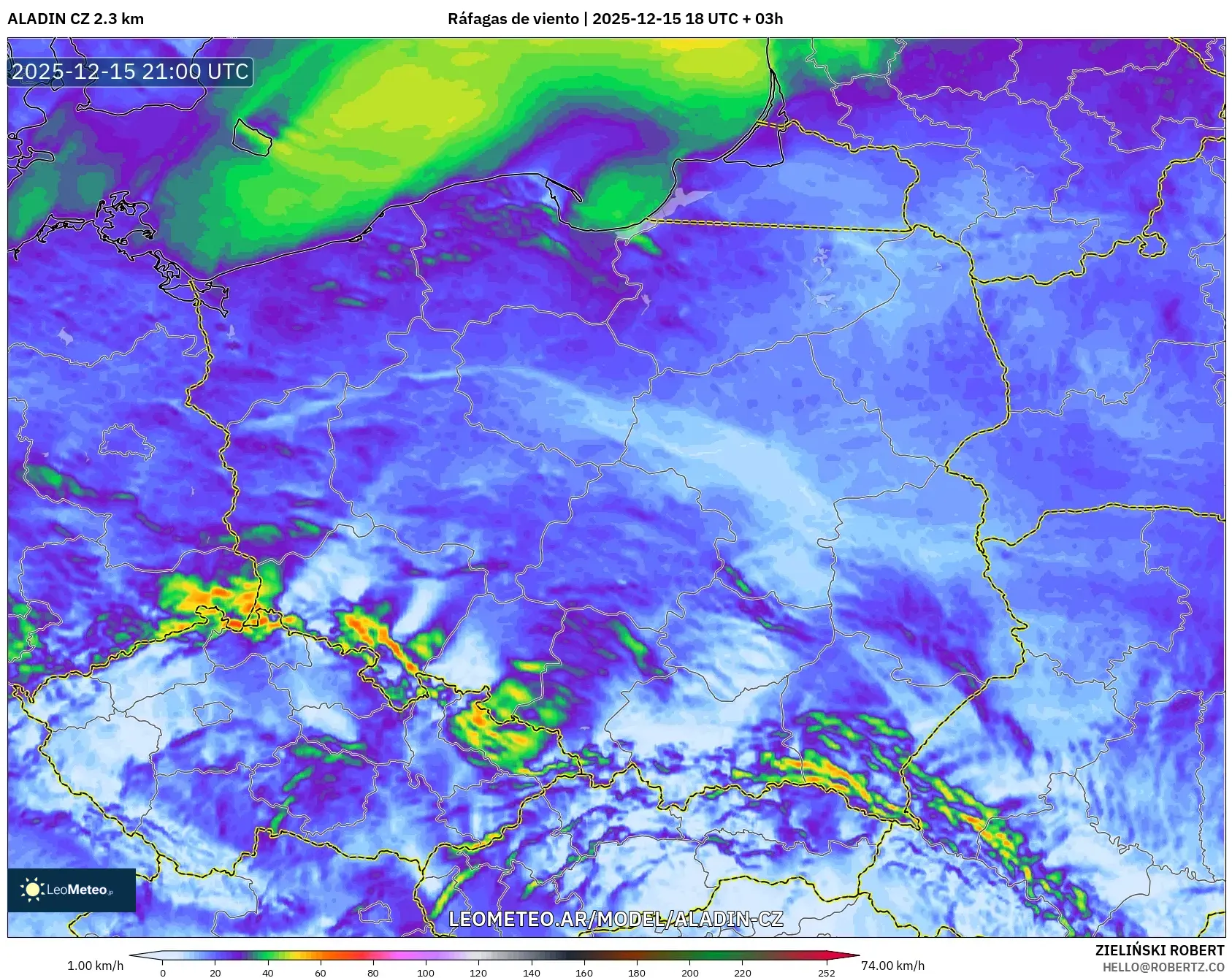 ALADIN CZ 2.3 km model - Polonia, Ráfagas de viento
