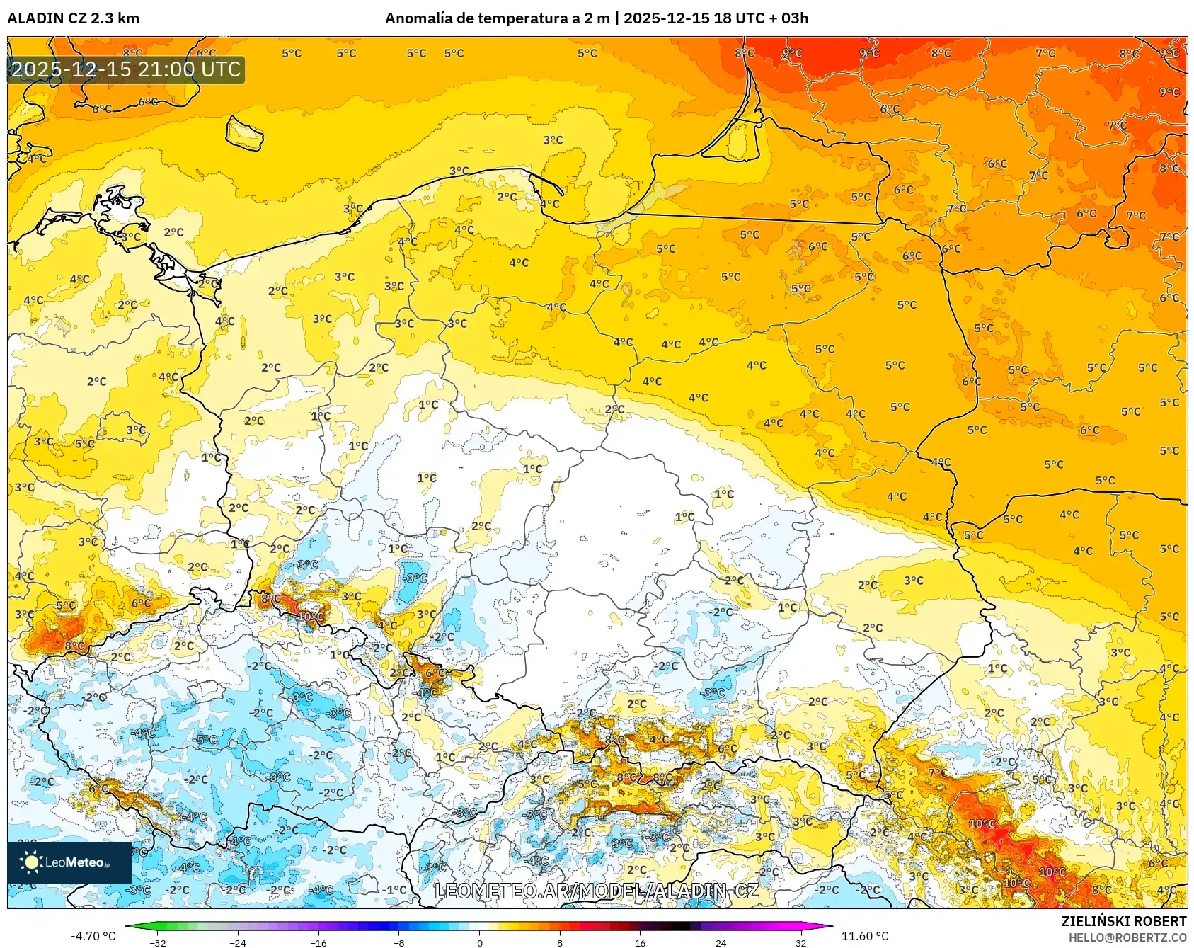 ALADIN CZ 2.3 km model - Polonia, Anomalía de temperatura a 2 m
