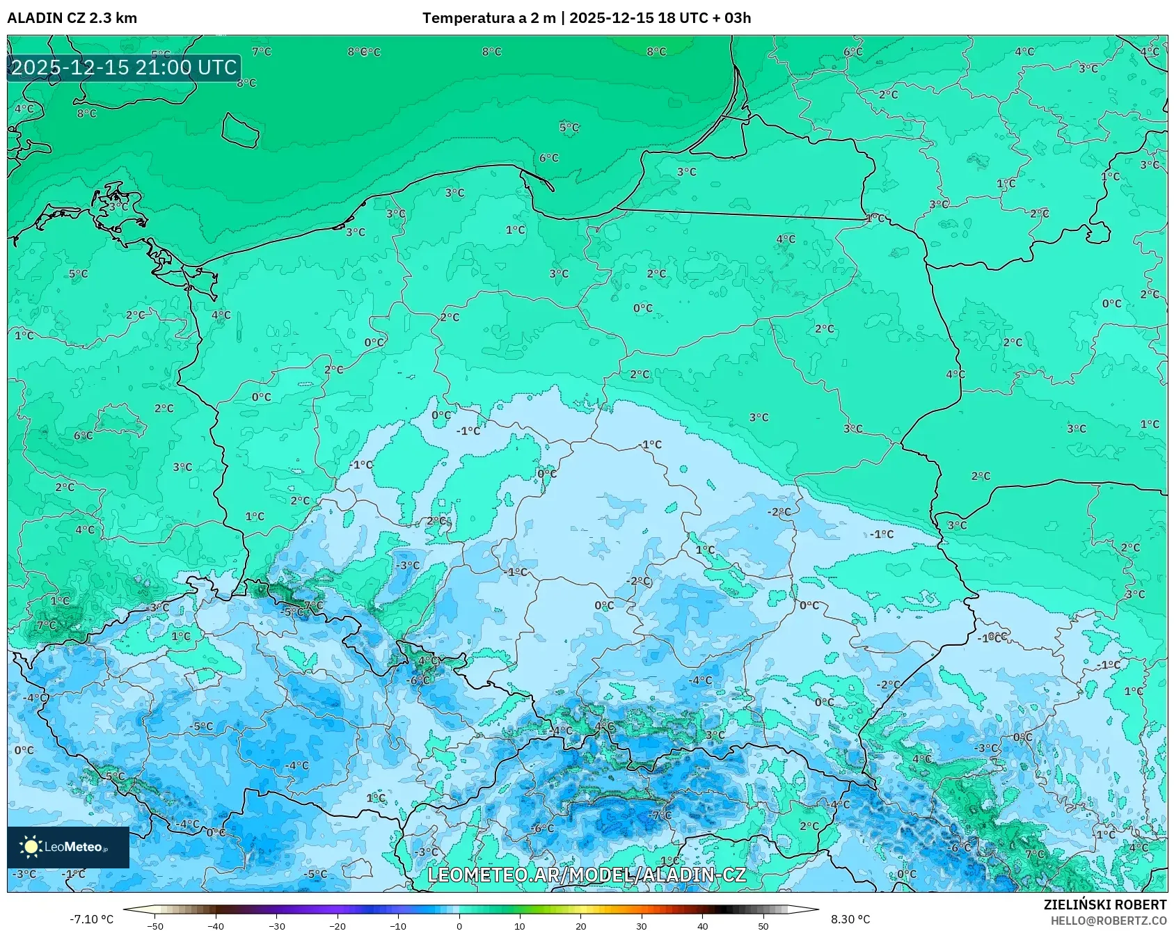 ALADIN CZ 2.3 km model - Polonia, Temperatura a 2 m