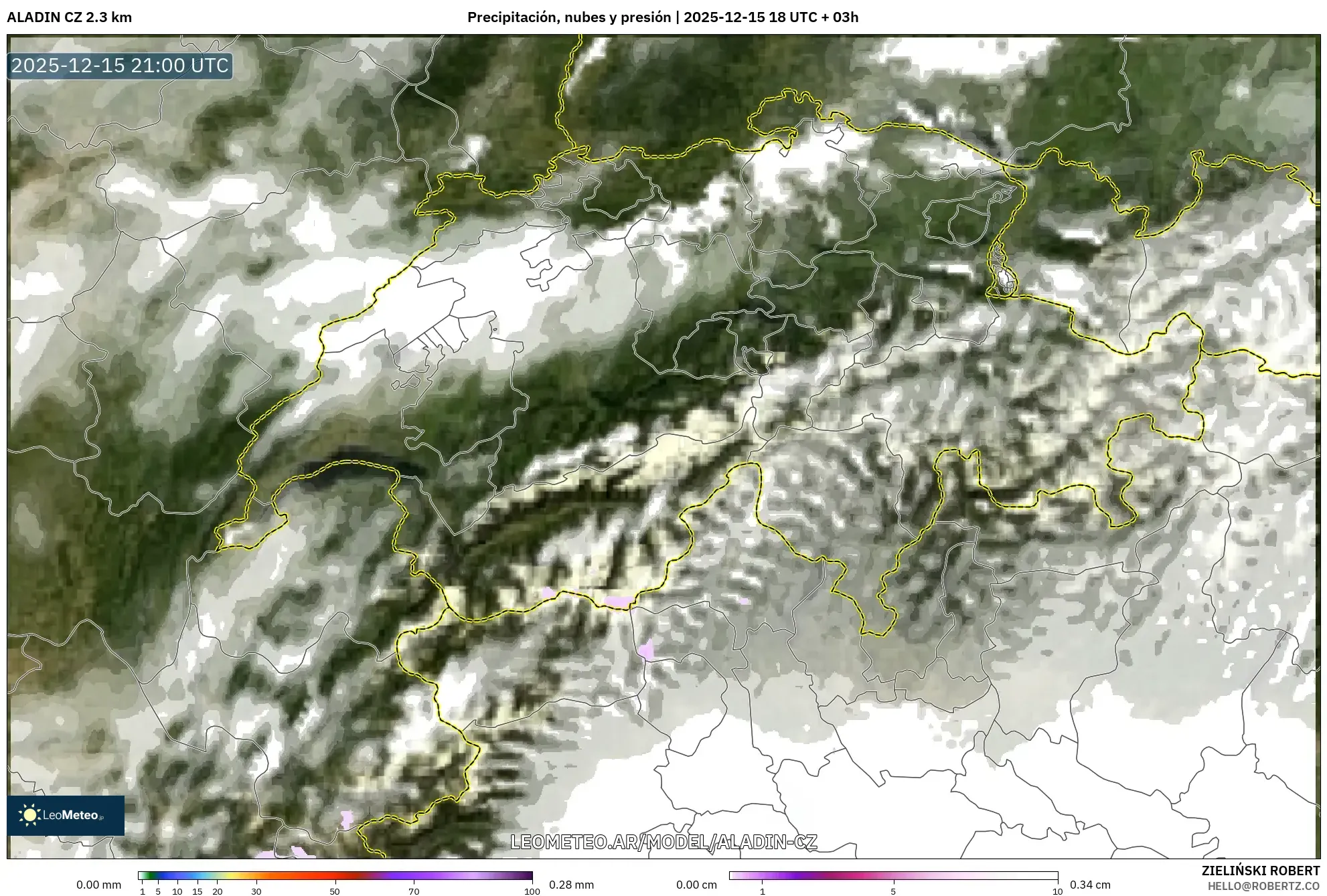 ALADIN CZ 2.3 km model - Suiza, Precipitación, nubes y presión