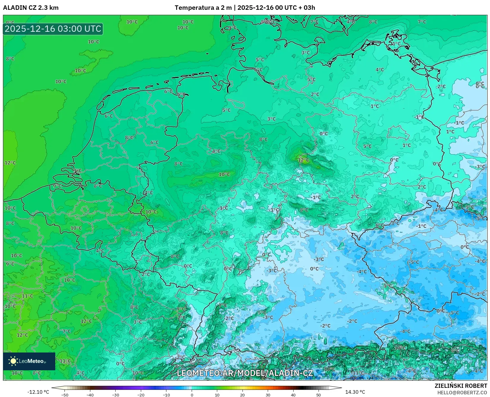 ALADIN CZ 2.3 km model - Alemania, Temperatura a 2 m