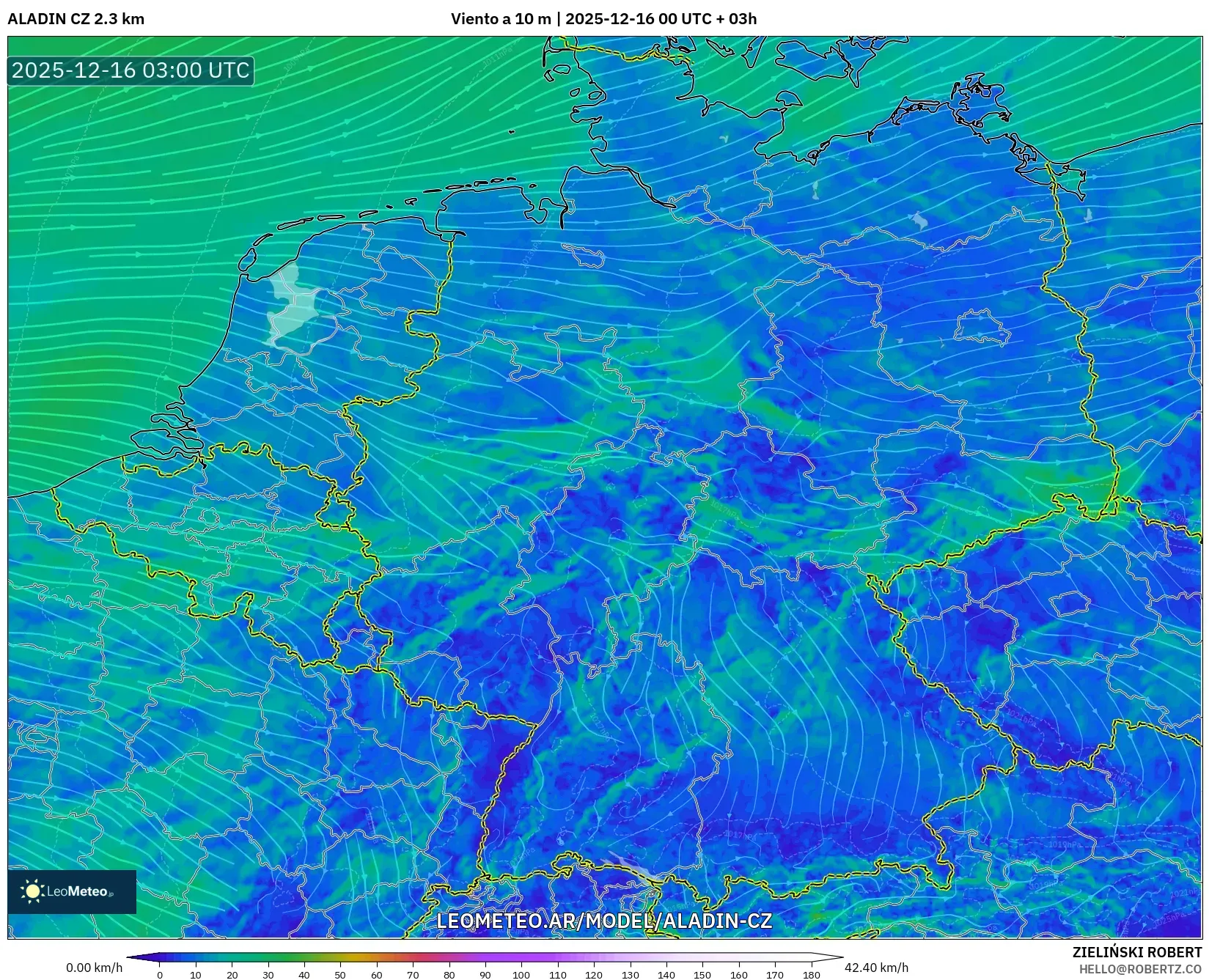 ALADIN CZ 2.3 km model - Alemania, Viento a 10 m