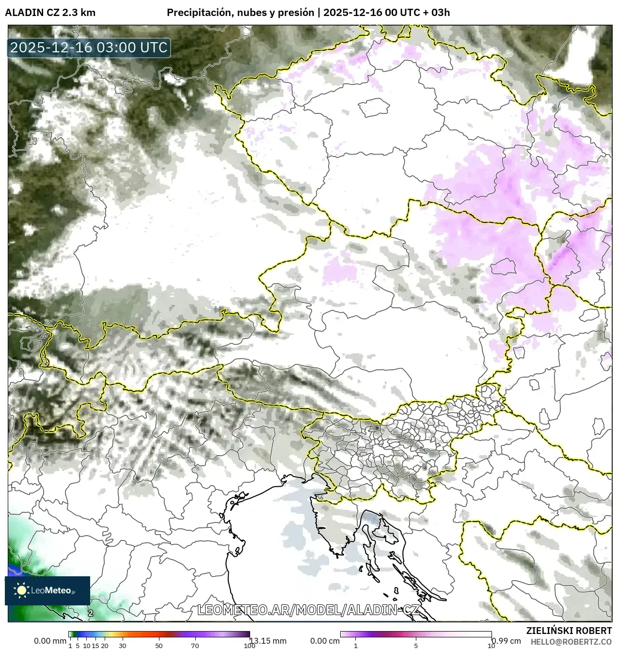ALADIN CZ 2.3 km model - Austria, Precipitación, nubes y presión