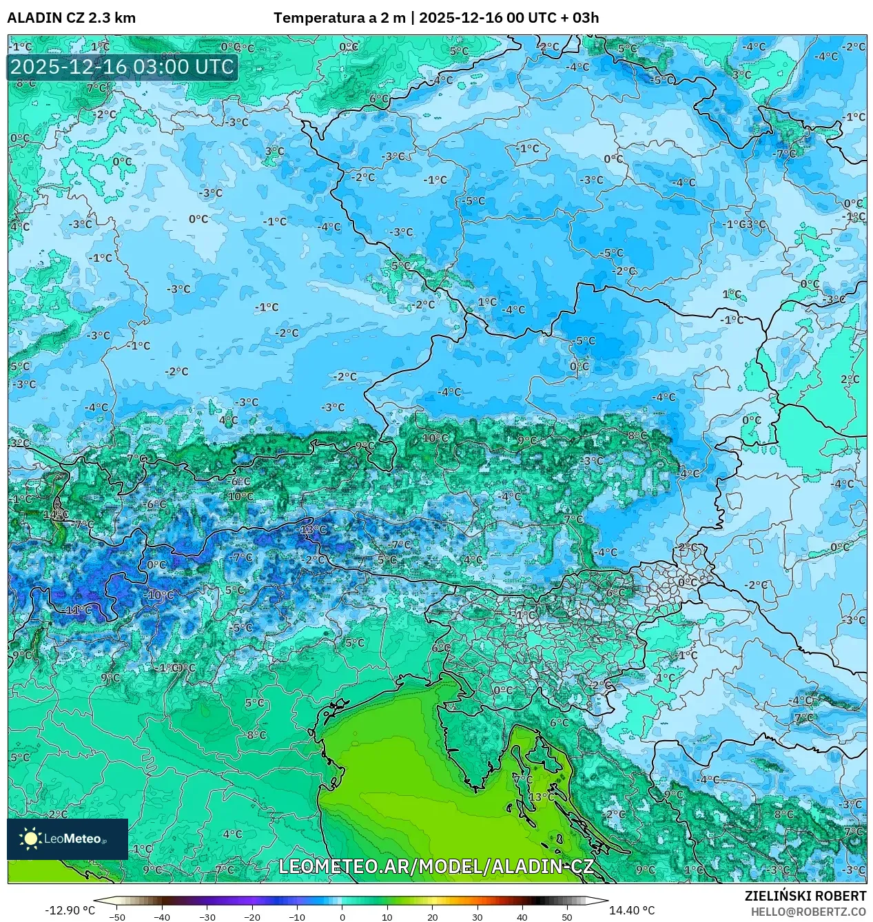 ALADIN CZ 2.3 km model - Austria, Temperatura a 2 m