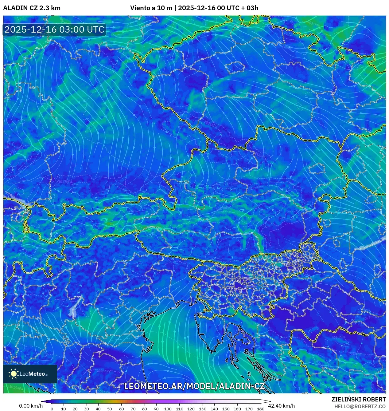 ALADIN CZ 2.3 km model - Austria, Viento a 10 m