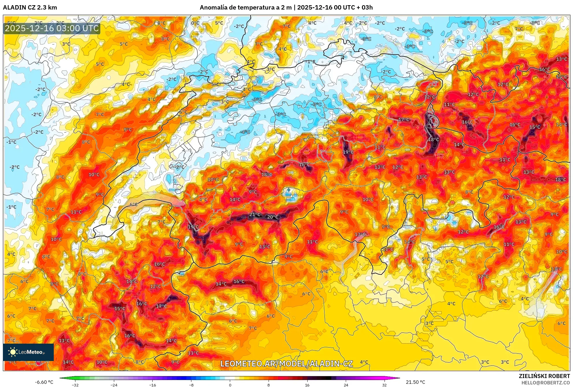 ALADIN CZ 2.3 km model - Suiza, Anomalía de temperatura a 2 m
