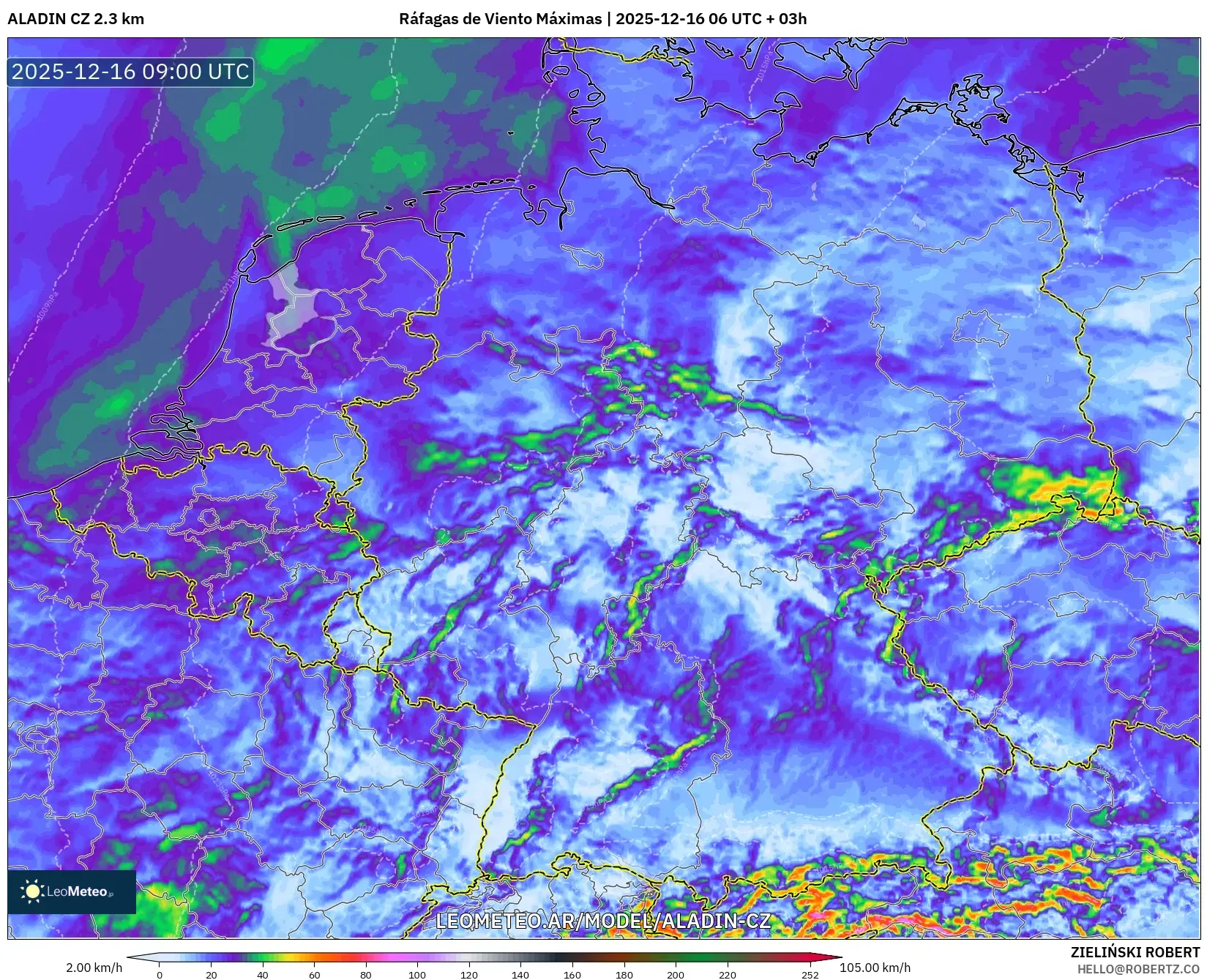 ALADIN CZ 2.3 km model - Alemania, Ráfagas de Viento Máximas