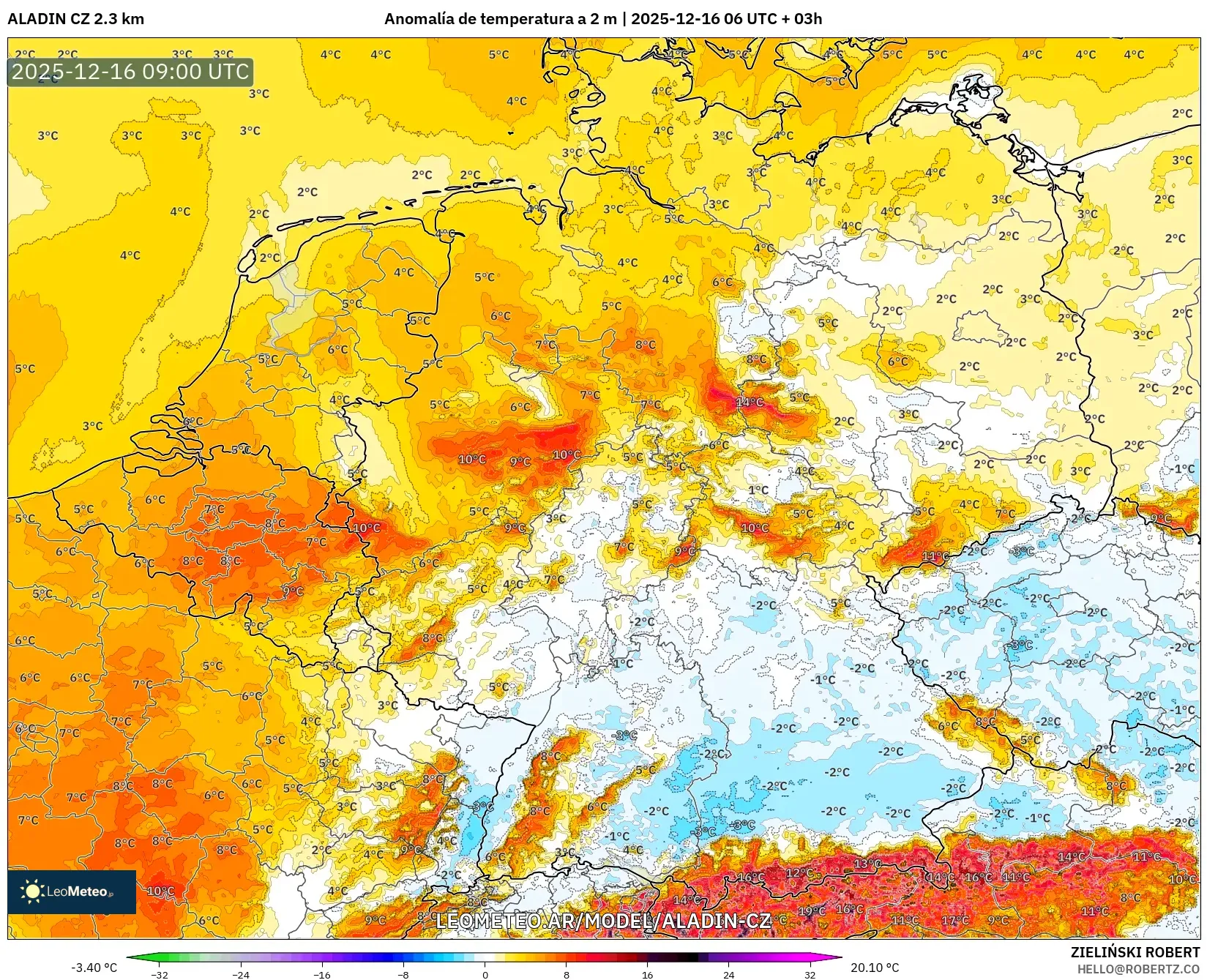 ALADIN CZ 2.3 km model - Alemania, Anomalía de temperatura a 2 m