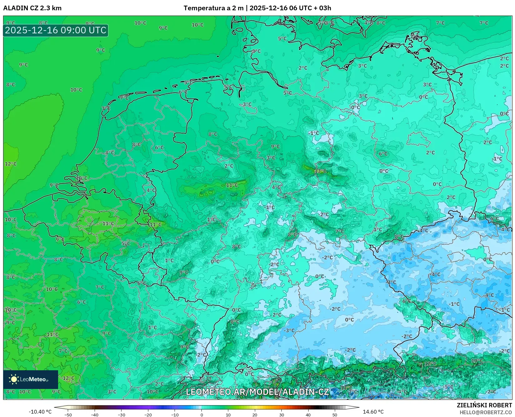 ALADIN CZ 2.3 km model - Alemania, Temperatura a 2 m