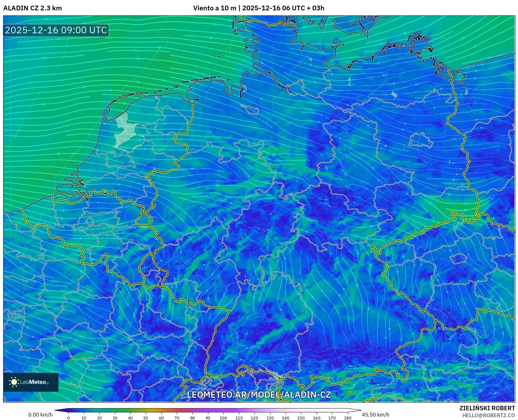 ALADIN CZ 2.3 km model - Alemania, Viento a 10 m