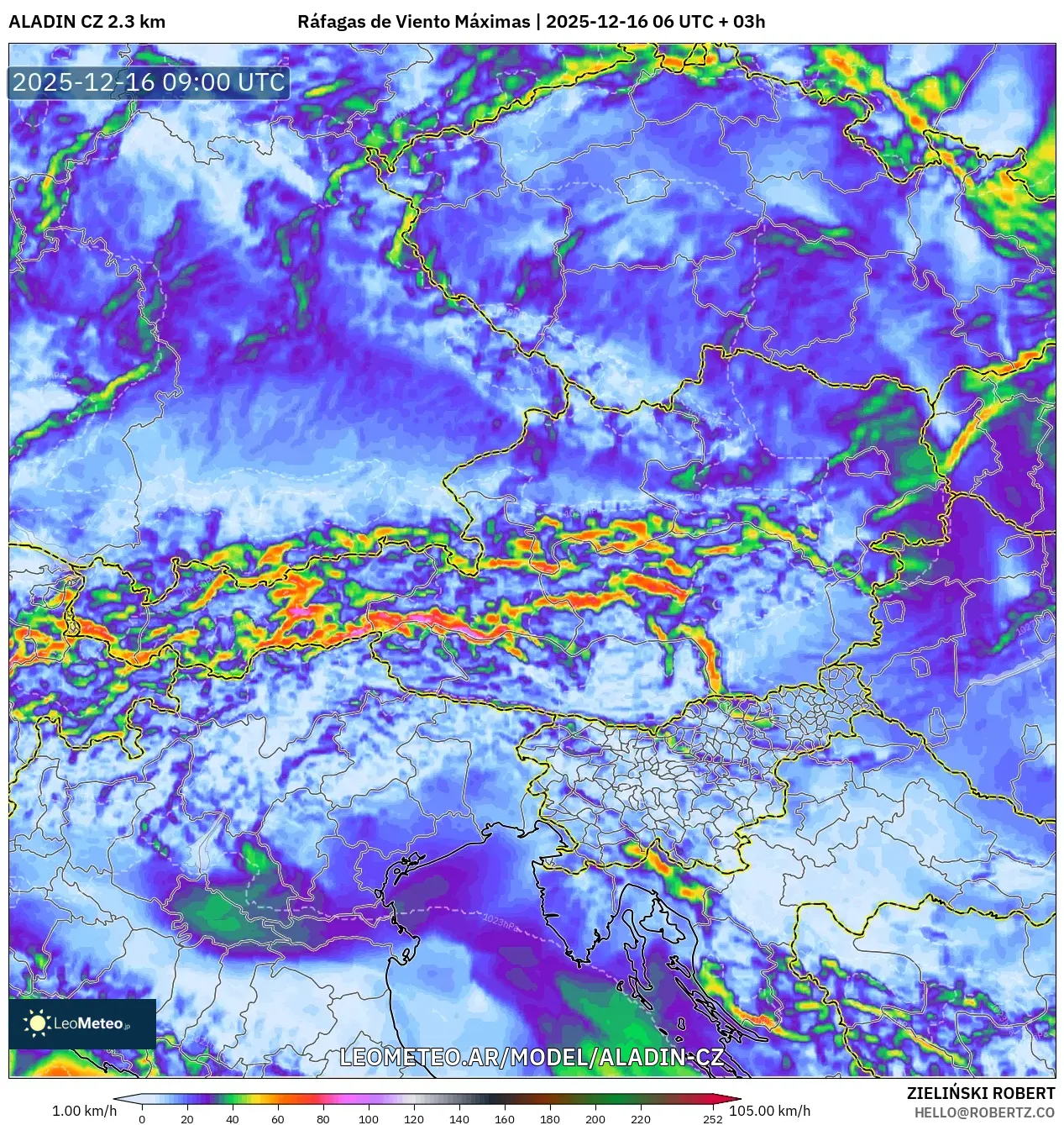 ALADIN CZ 2.3 km model - Austria, Ráfagas de Viento Máximas