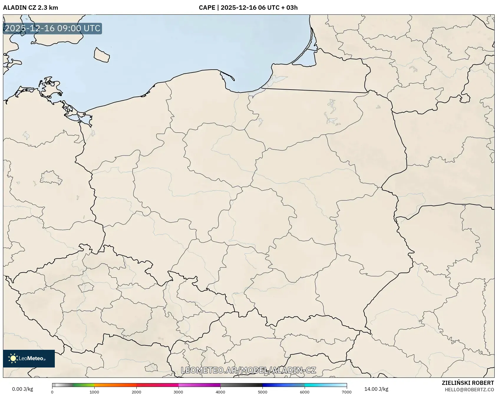 ALADIN CZ 2.3 km model - Polonia, CAPE