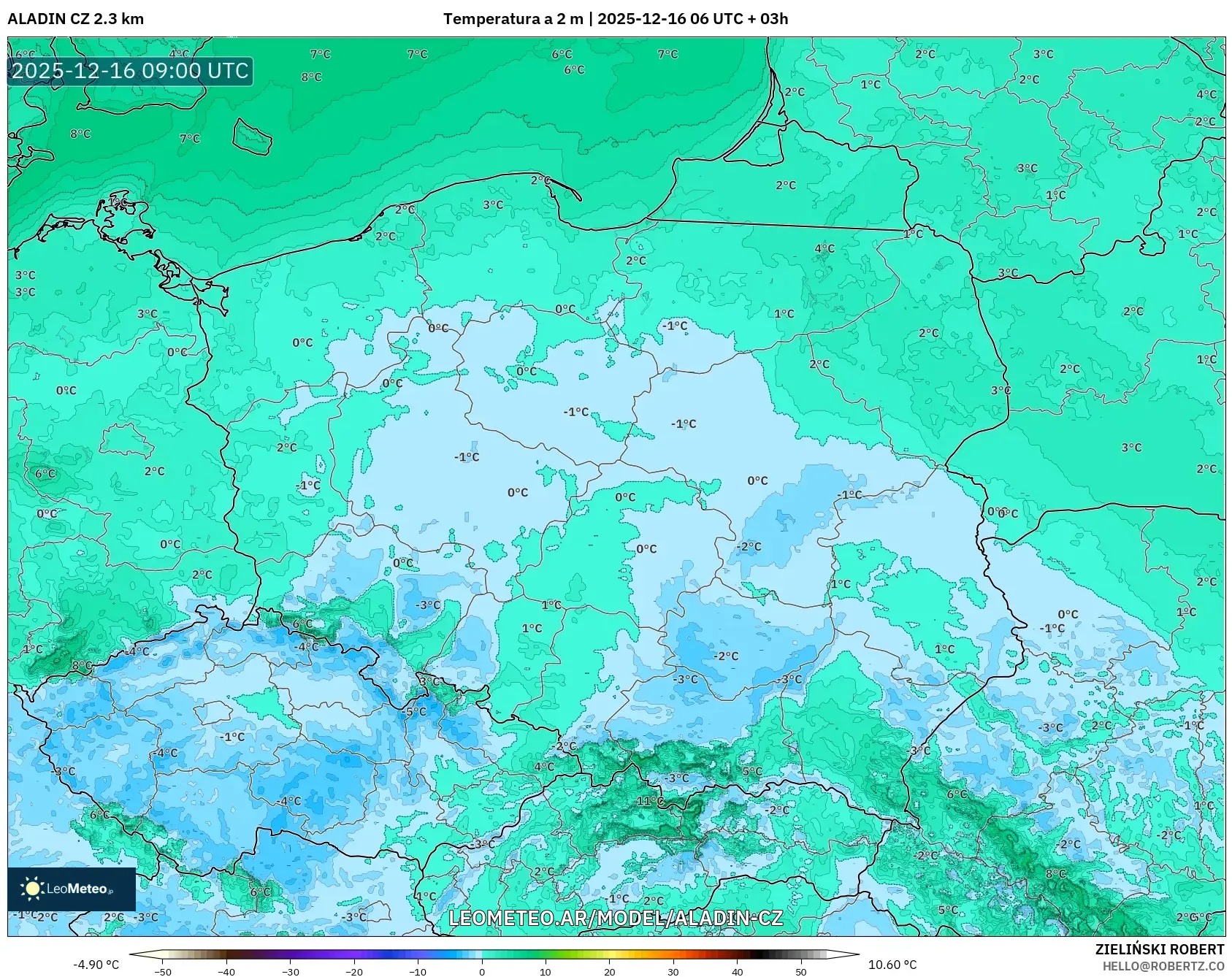 ALADIN CZ 2.3 km model - Polonia, Temperatura a 2 m