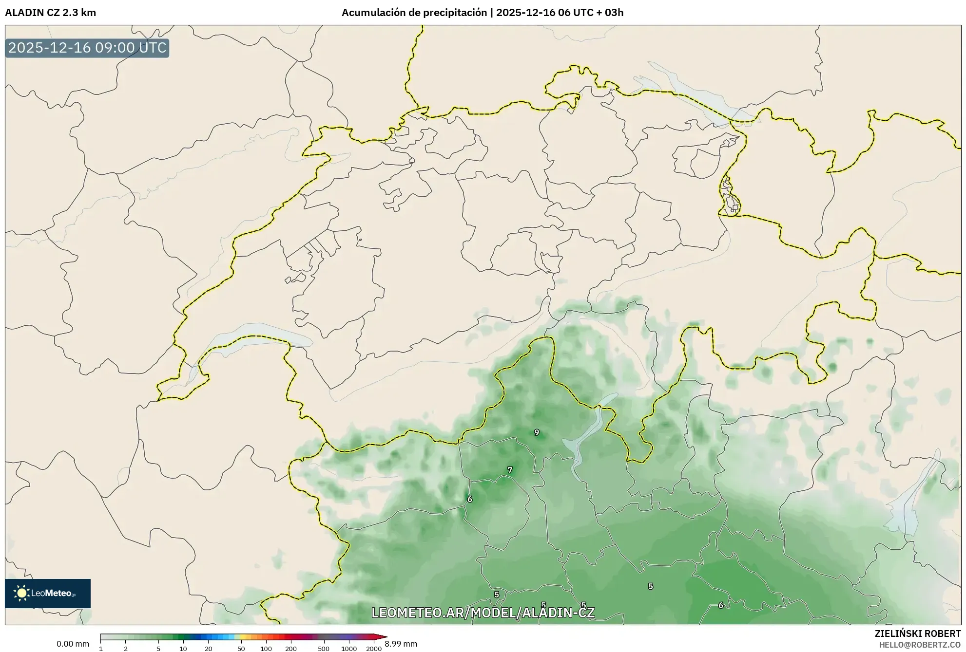 ALADIN CZ 2.3 km model - Suiza, Acumulación de precipitación