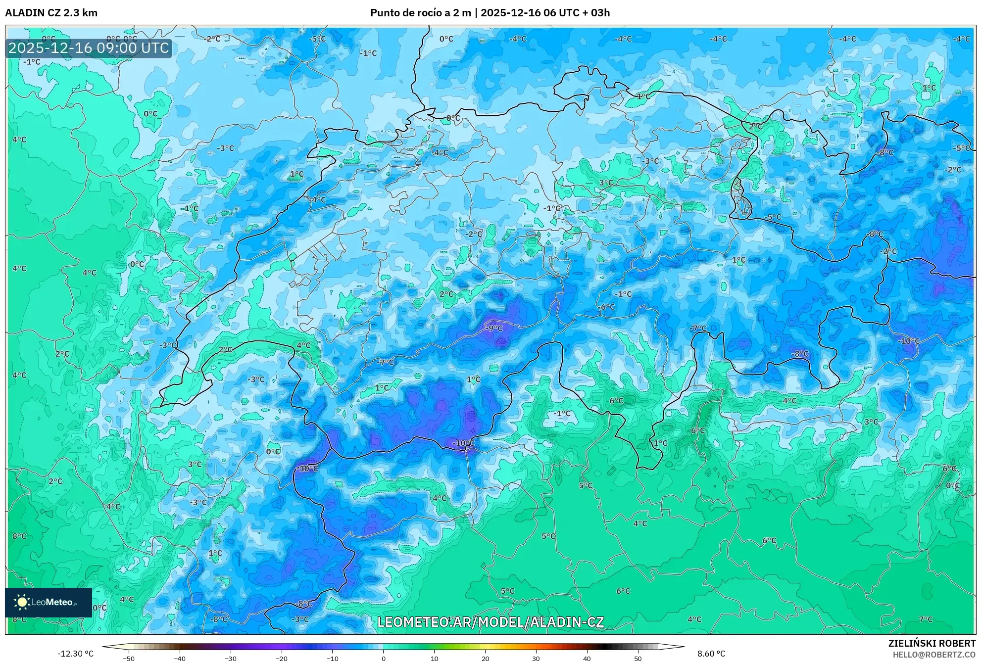 ALADIN CZ 2.3 km model - Suiza, Punto de rocío a 2 m