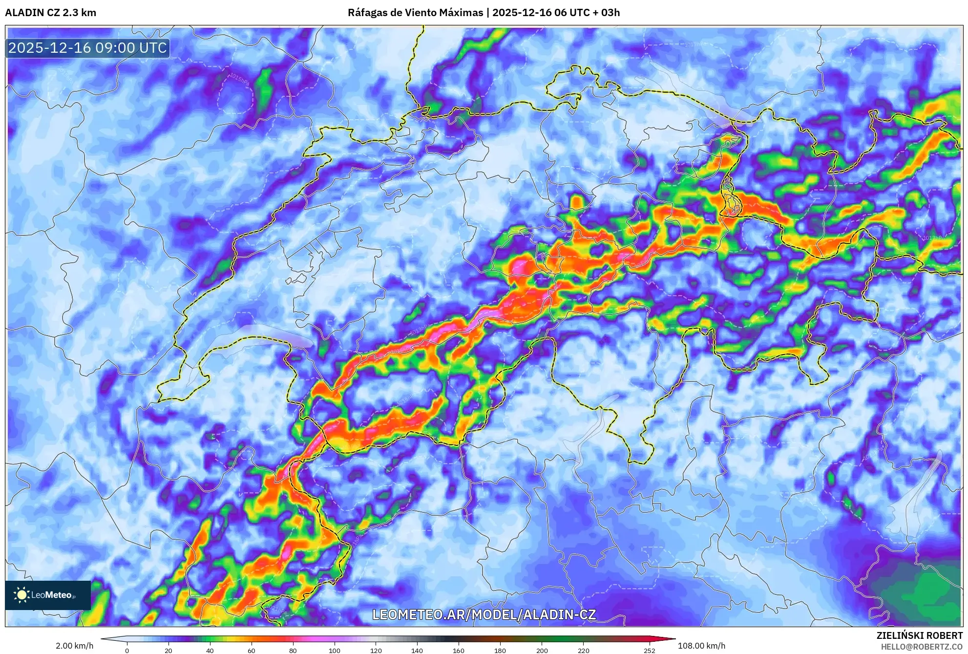 ALADIN CZ 2.3 km model - Suiza, Ráfagas de Viento Máximas