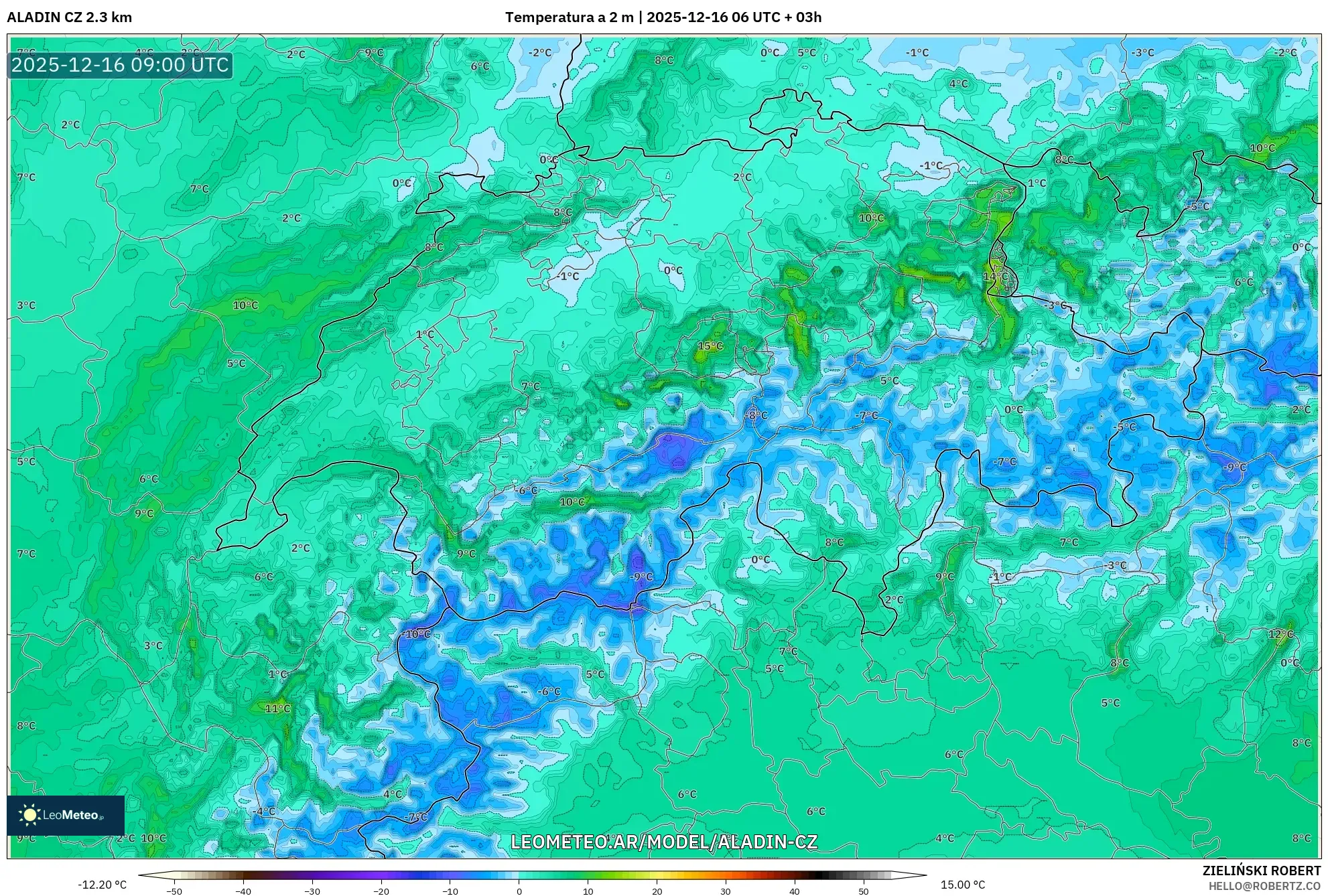 ALADIN CZ 2.3 km model - Suiza, Temperatura a 2 m
