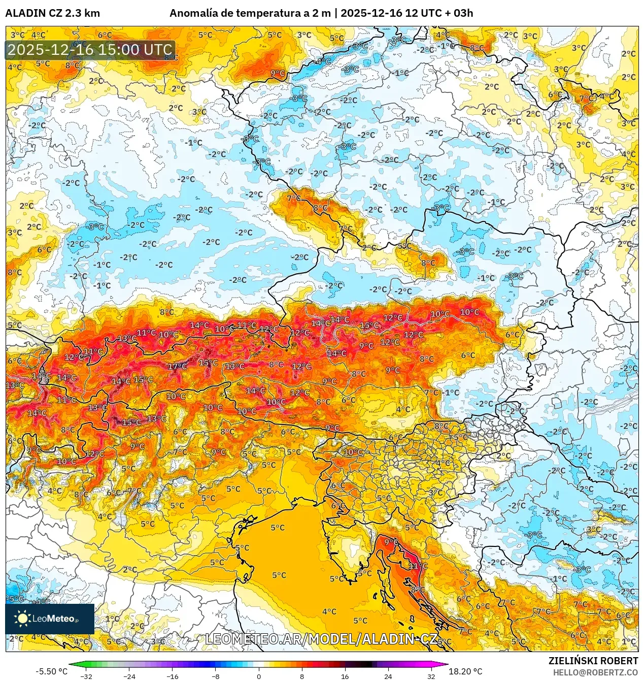 ALADIN CZ 2.3 km model - Austria, Anomalía de temperatura a 2 m