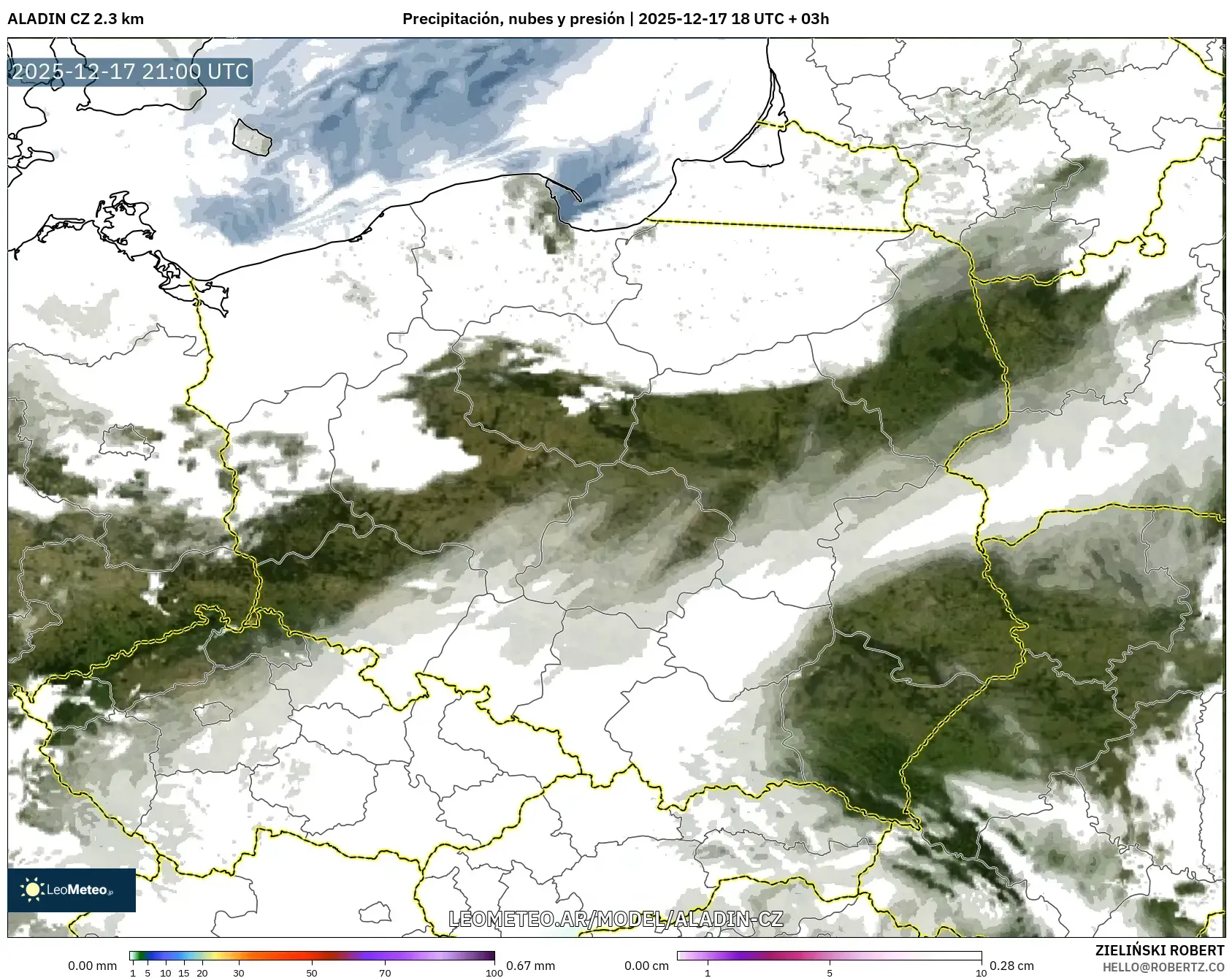 ALADIN CZ 2.3 km model - Polonia, Precipitación, nubes y presión
