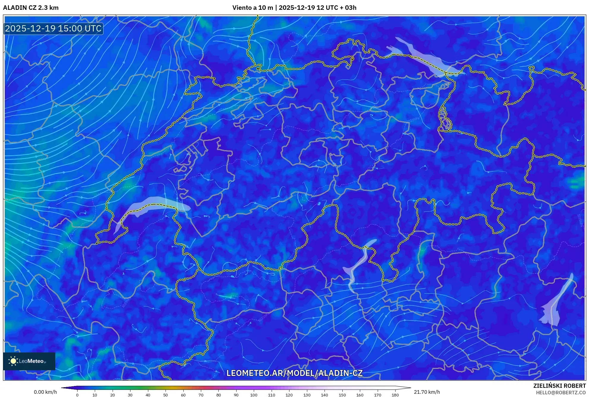 ALADIN CZ 2.3 km model - Suiza, Viento a 10 m