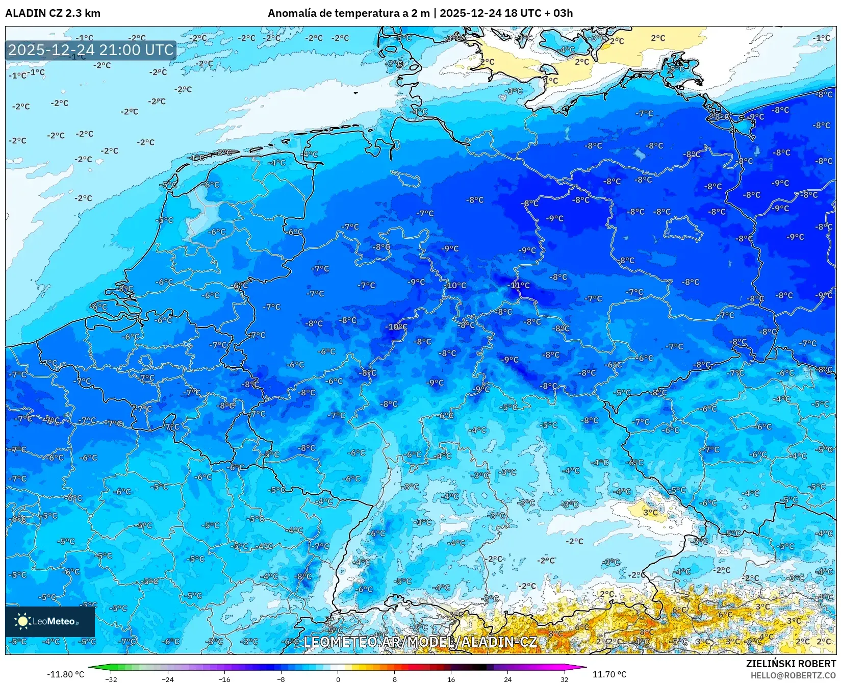 ALADIN CZ 2.3 km model - Niemcy, Anomalia temperatury na 2 m