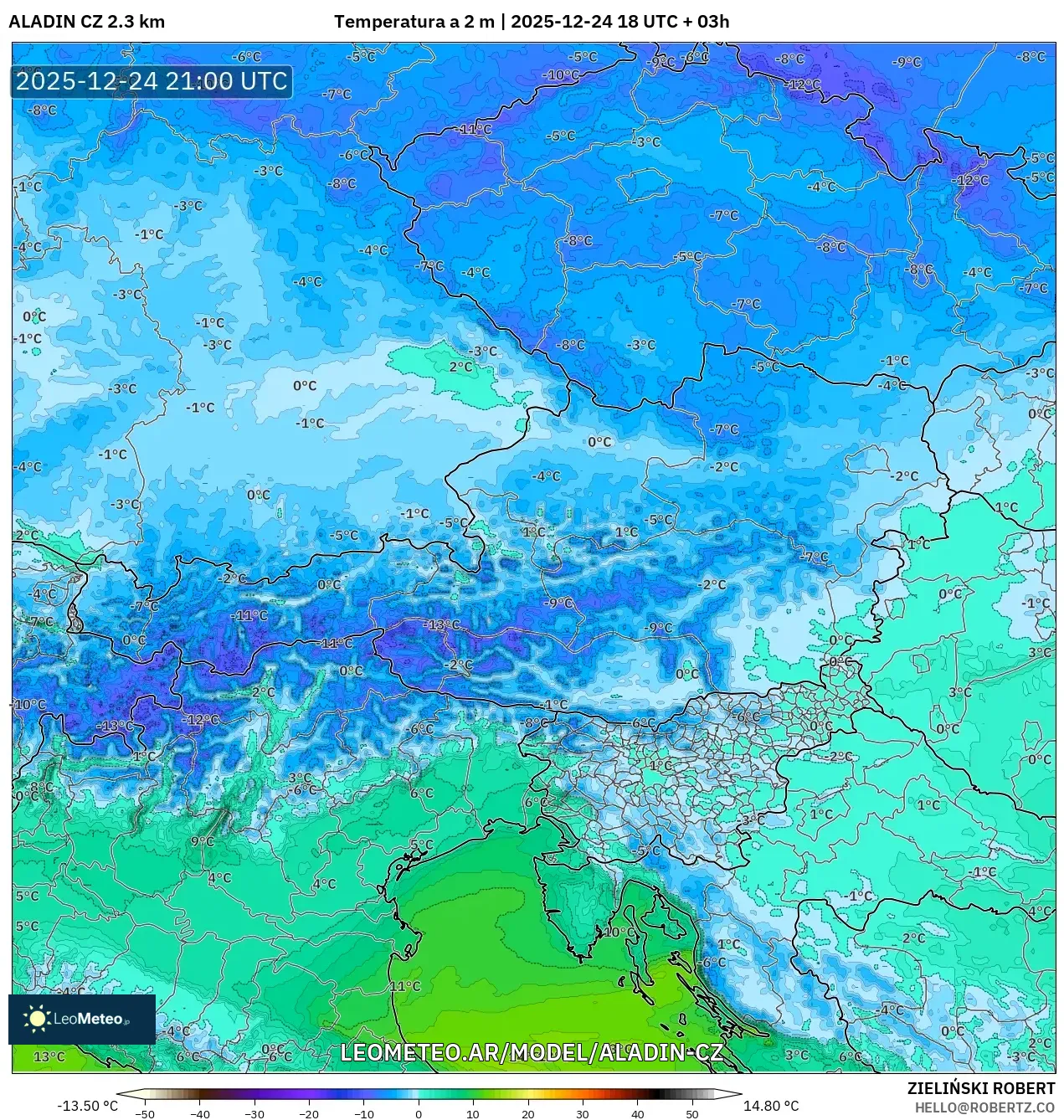 ALADIN CZ 2.3 km model - Austria, Temperatura na 2 m