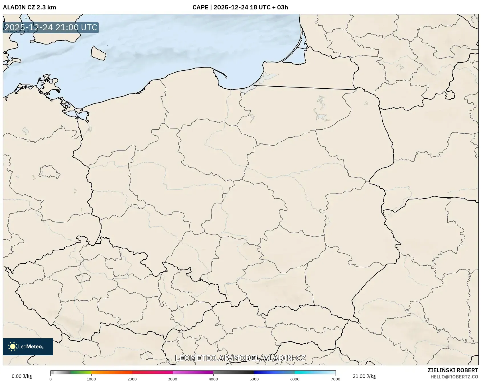 ALADIN CZ 2.3 km model - Polska, CAPE