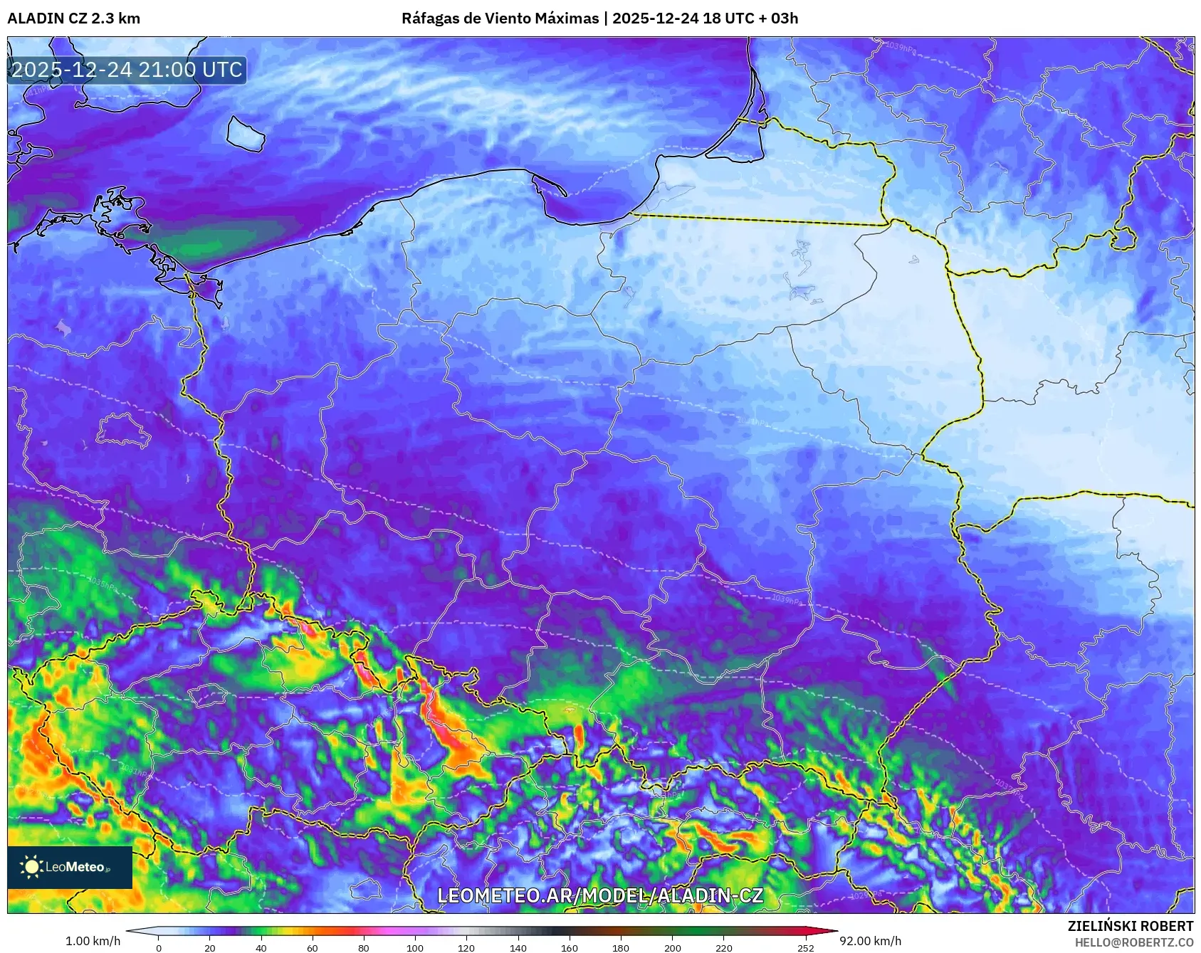 ALADIN CZ 2.3 km model - Polska, Maksymalne Porywy Wiatru