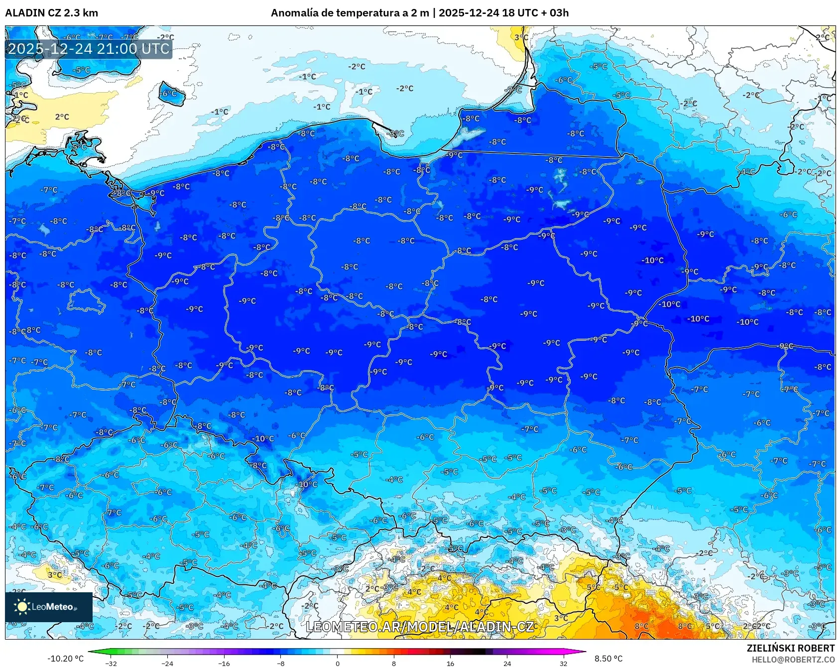ALADIN CZ 2.3 km model - Polska, Anomalia temperatury na 2 m