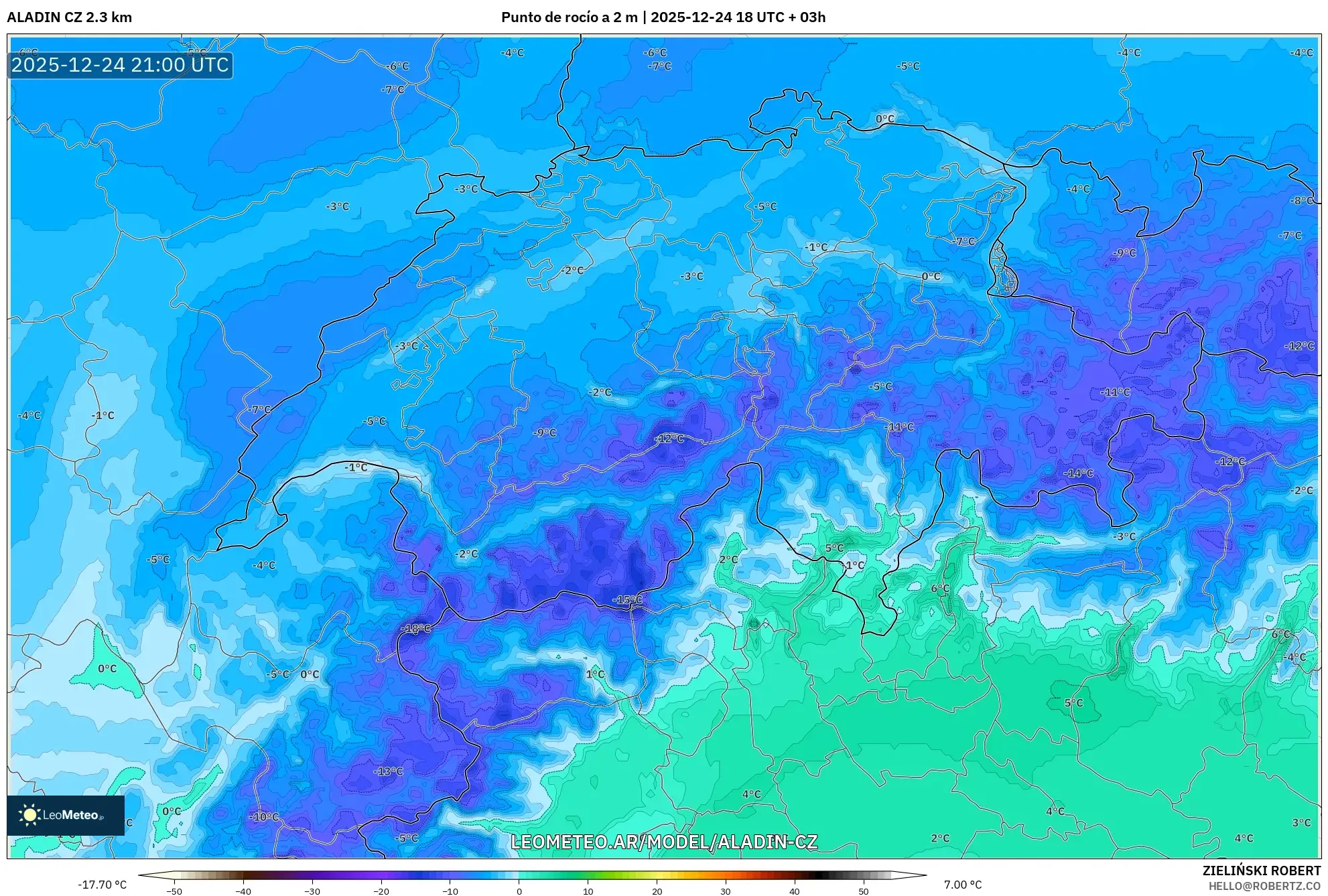 ALADIN CZ 2.3 km model - Szwajcaria, Punkt rosy na 2 m