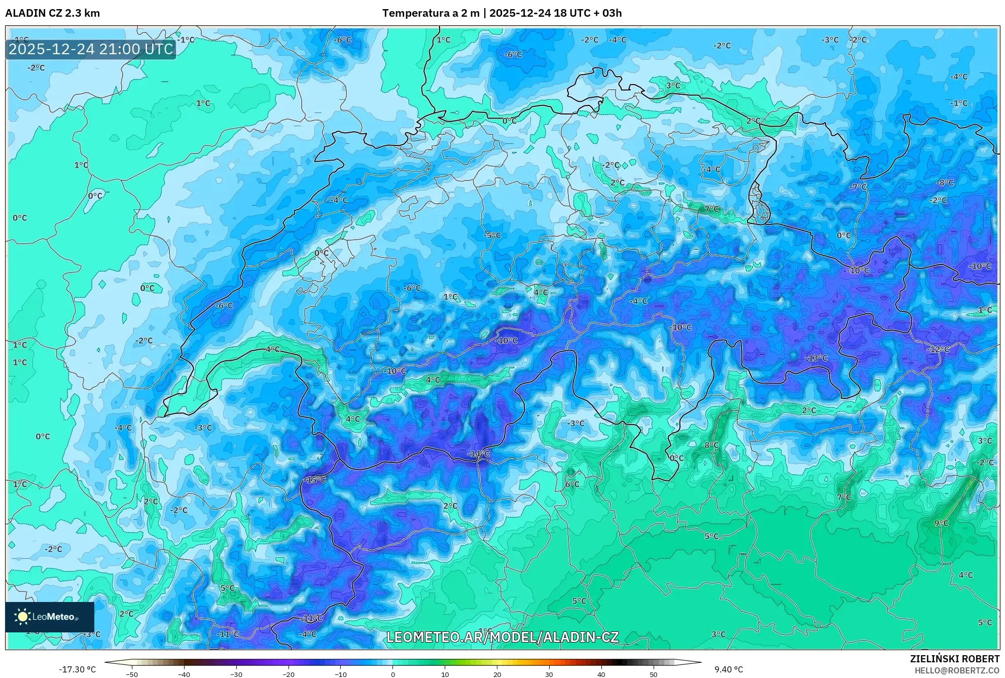 ALADIN CZ 2.3 km model - Szwajcaria, Temperatura na 2 m