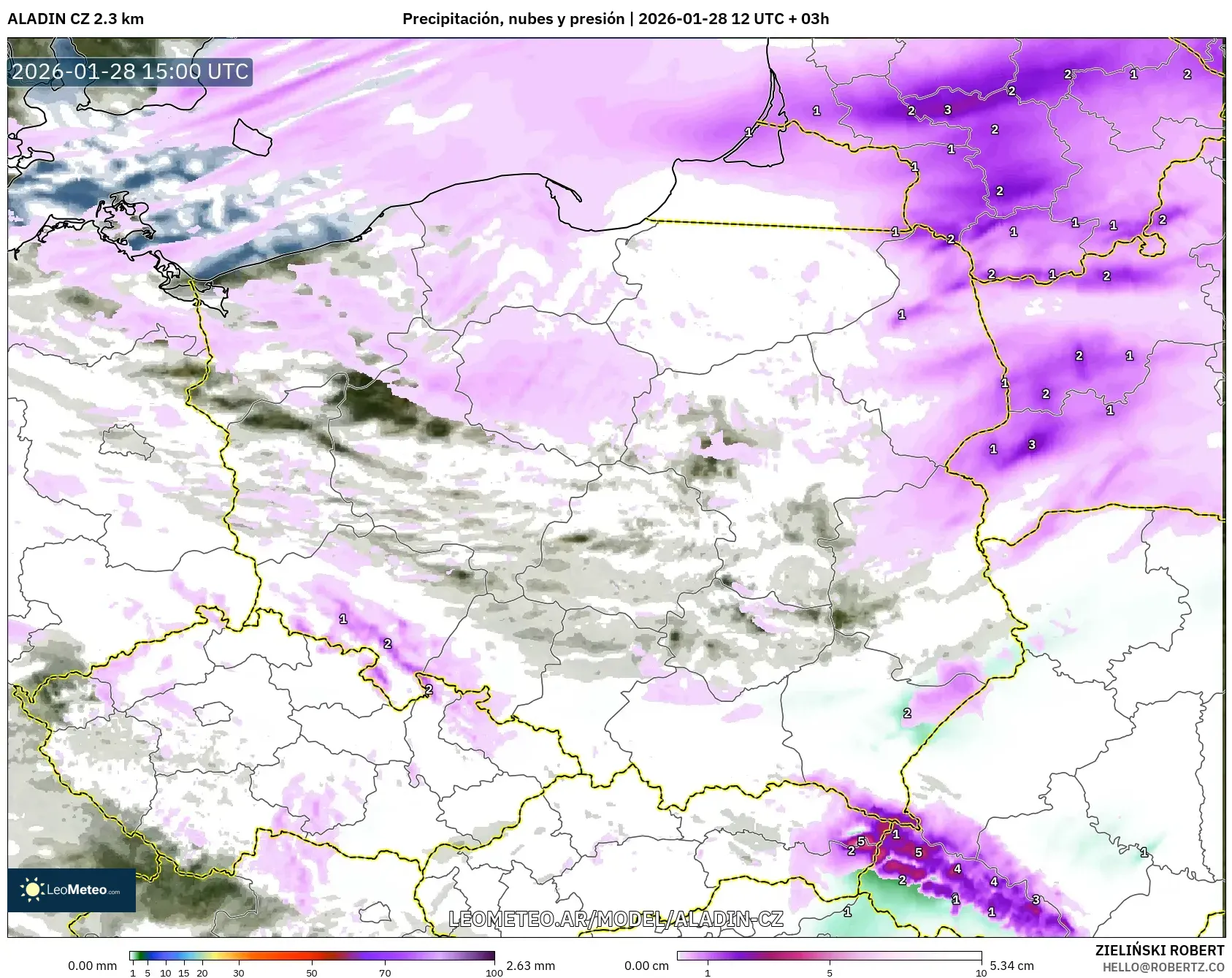 ALADIN CZ 2.3 km model - Polonia, Precipitación, nubes y presión