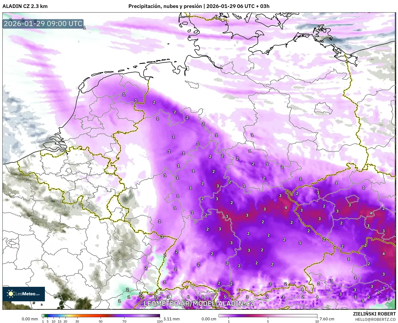 ALADIN CZ 2.3 km model - Alemania, Precipitación, nubes y presión