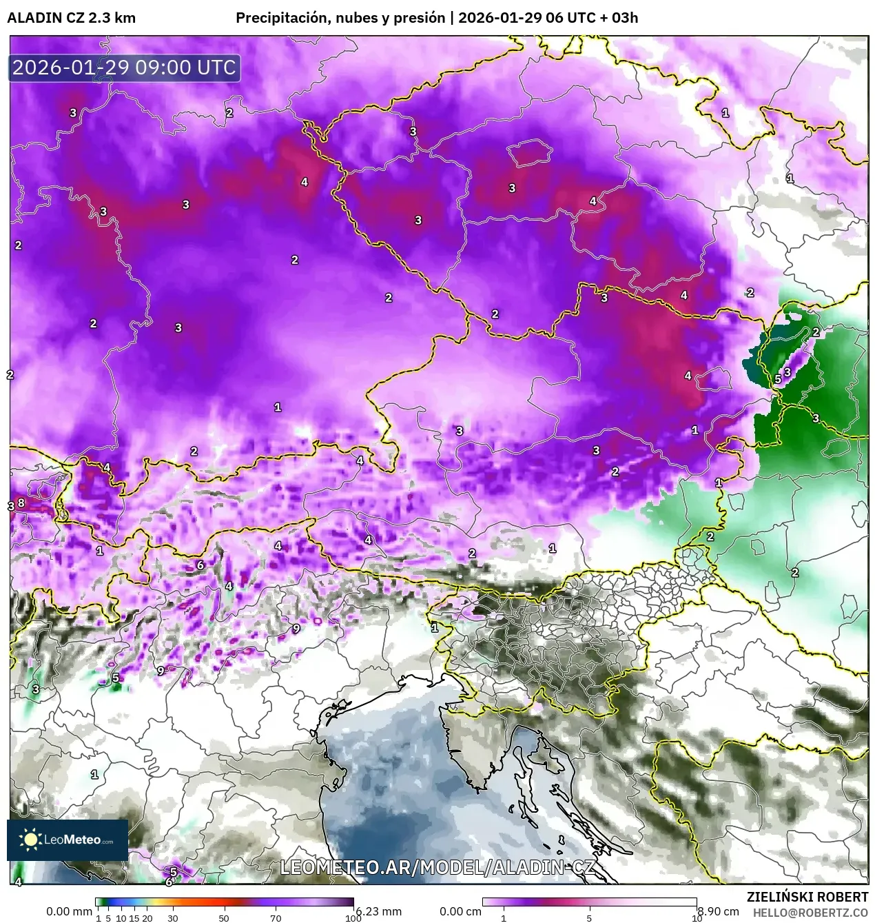 ALADIN CZ 2.3 km model - Austria, Precipitación, nubes y presión