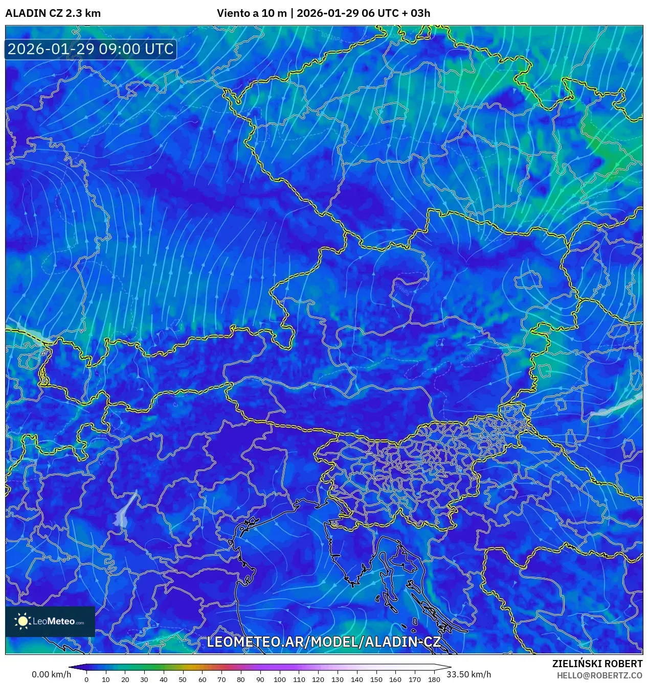 ALADIN CZ 2.3 km model - Austria, Viento a 10 m