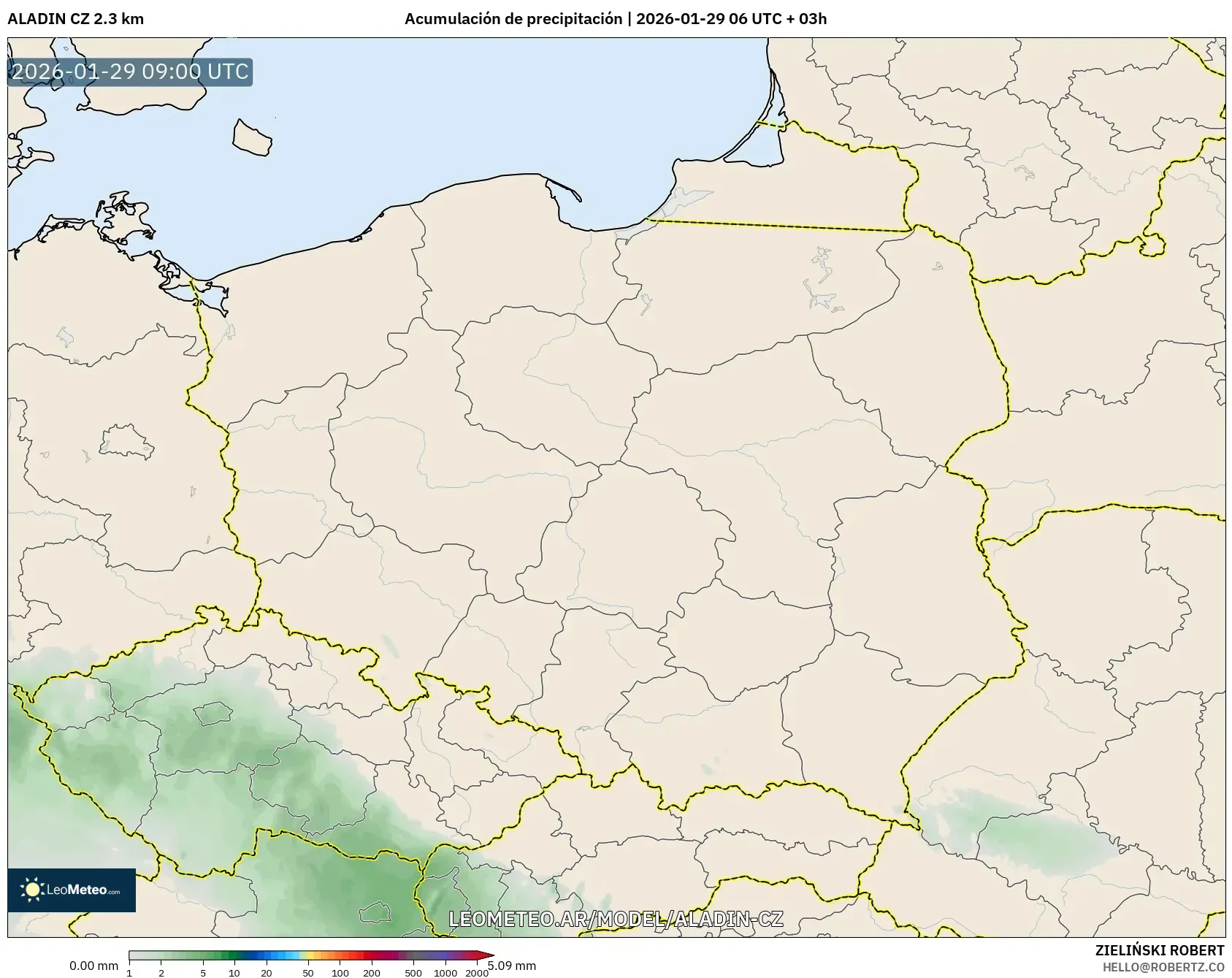 ALADIN CZ 2.3 km model - Polonia, Acumulación de precipitación