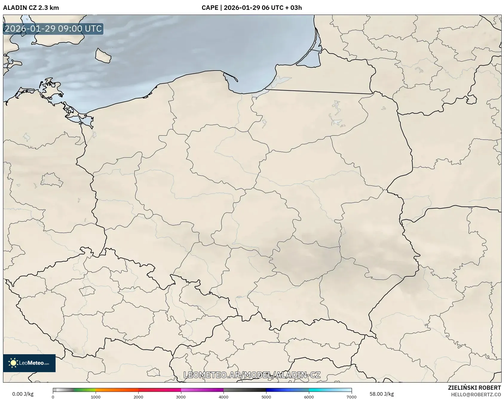 ALADIN CZ 2.3 km model - Polonia, CAPE